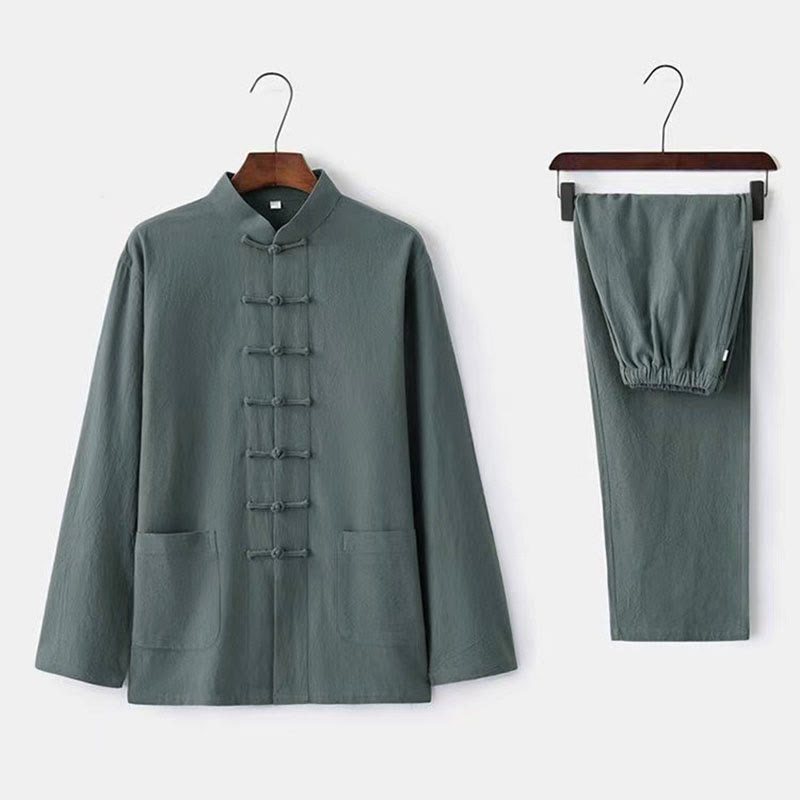 Buddha Stones 2Pcs Tang Suit Traditional Frog-Button Uniform Long Sleeve Shirt Pants Men's Set - CadetBlue - US/UK/AU44，EU54 (5XL) - image 4