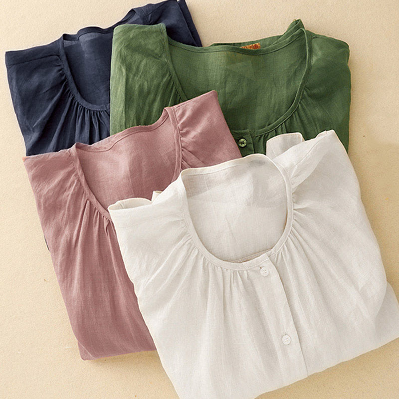 Buddha Stones Plain Button Crew Neck Design Women's  blend Three Quarter Sleeve Shirt - image 28