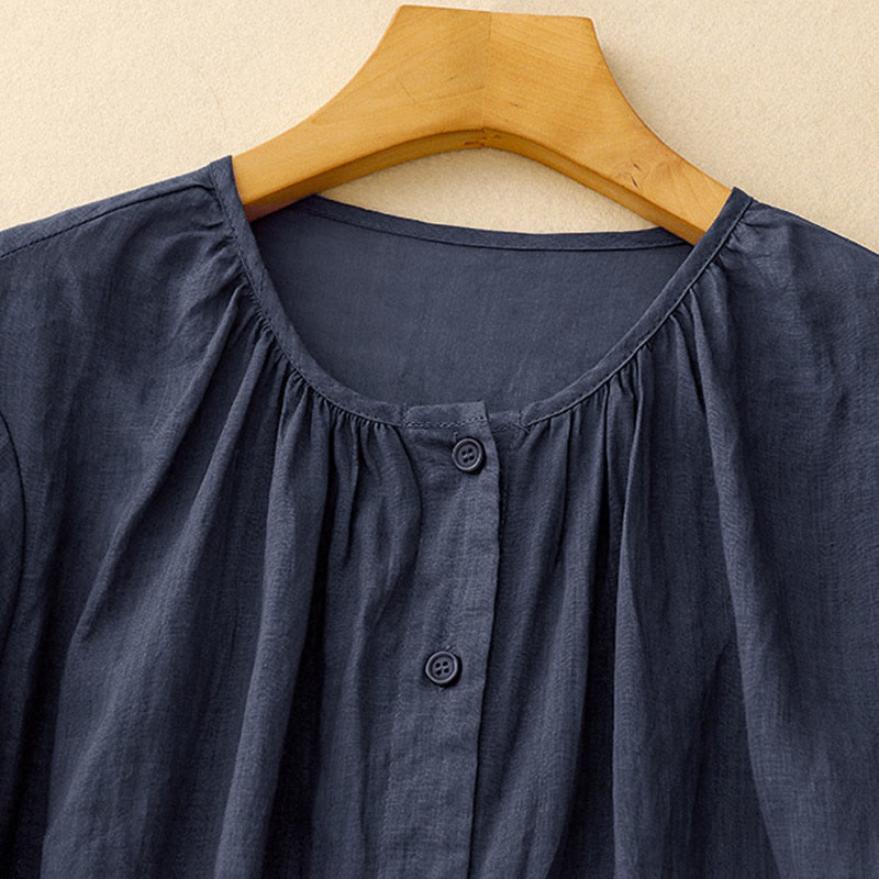 Buddha Stones Plain Button Crew Neck Design Women's  blend Three Quarter Sleeve Shirt - image 1