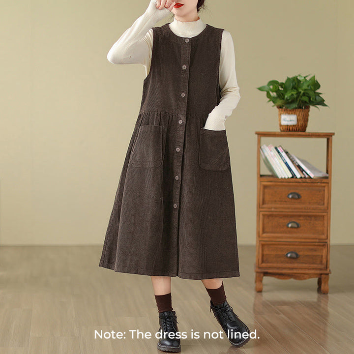 Buddha Stones Fall Retro Buttons Design Corduroy Sleeveless Midi Dress With Pockets - image 1