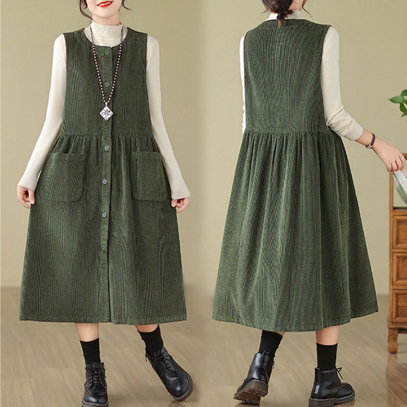 Buddha Stones Fall Retro Buttons Design Corduroy Sleeveless Midi Dress With Pockets - image 9