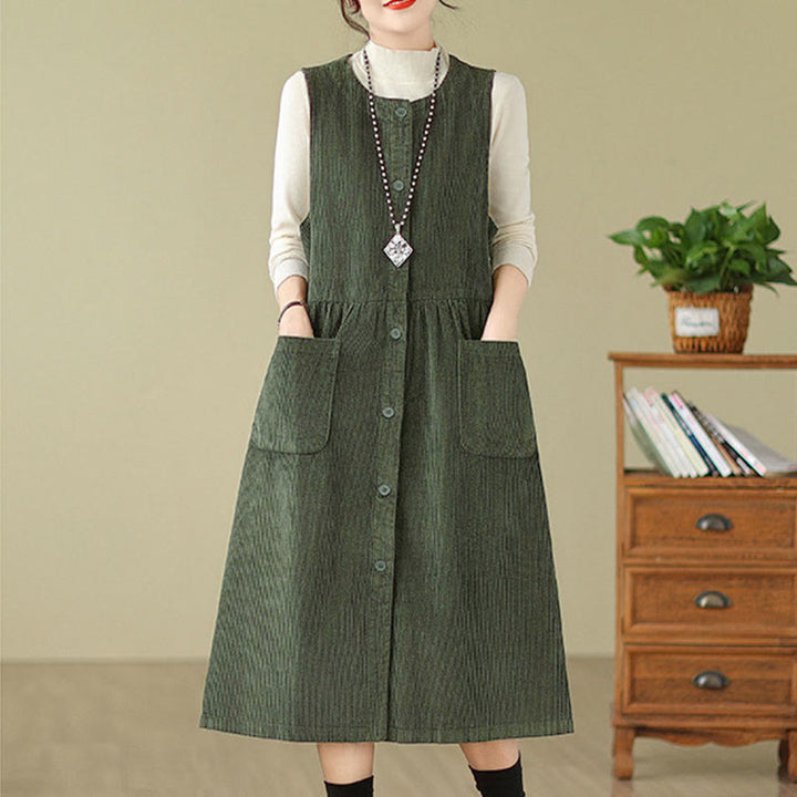 Buddha Stones Fall Retro Buttons Design Corduroy Sleeveless Midi Dress With Pockets - image 8