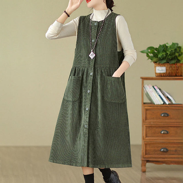 Buddha Stones Fall Retro Buttons Design Corduroy Sleeveless Midi Dress With Pockets - image 7