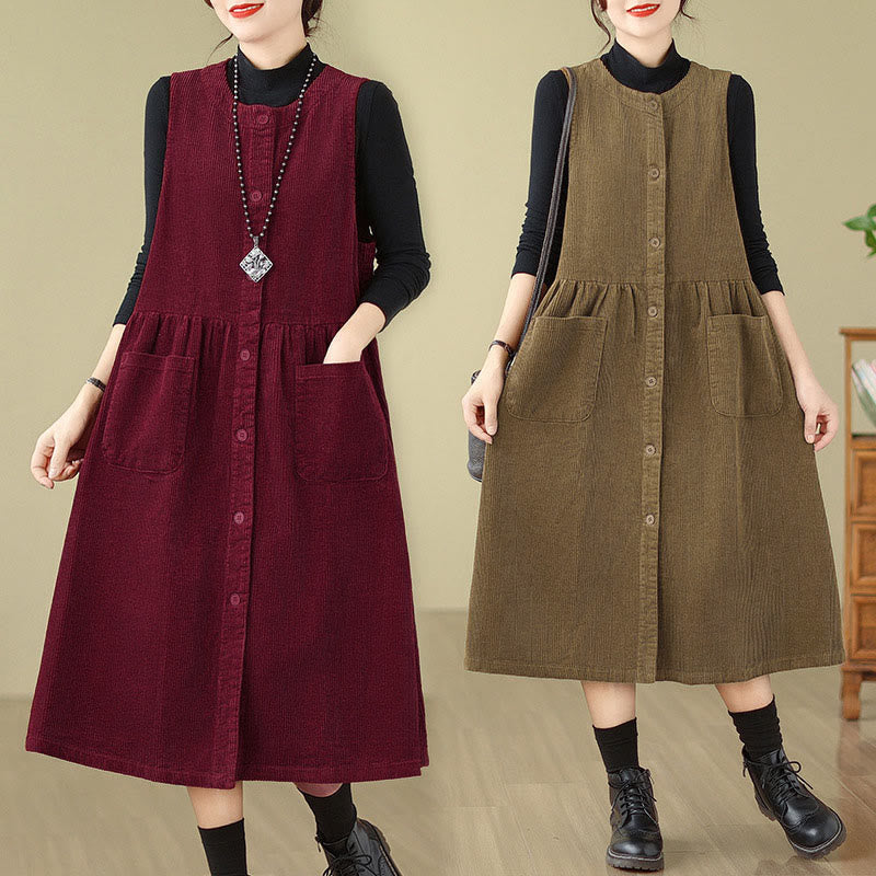 Buddha Stones Fall Retro Buttons Design Corduroy Sleeveless Midi Dress With Pockets - image 24