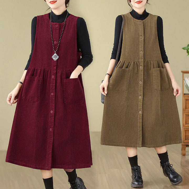 Buddha Stones Fall Retro Buttons Design Corduroy Sleeveless Midi Dress With Pockets - image 24