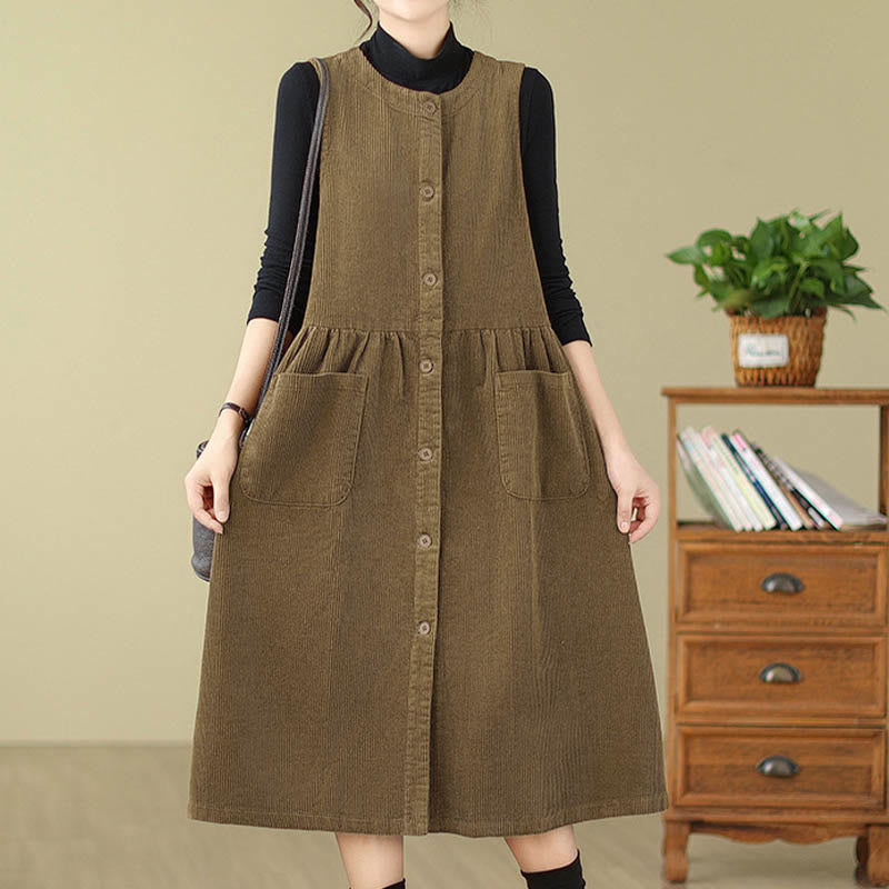 Buddha Stones Fall Retro Buttons Design Corduroy Sleeveless Midi Dress With Pockets - image 15