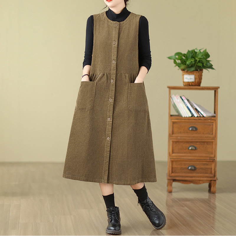 Buddha Stones Fall Retro Buttons Design Corduroy Sleeveless Midi Dress With Pockets - image 14