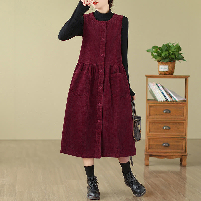 Buddha Stones Fall Retro Buttons Design Corduroy Sleeveless Midi Dress With Pockets - Crimson - US12，UK/AU16，EU44 (3XL) - image 19