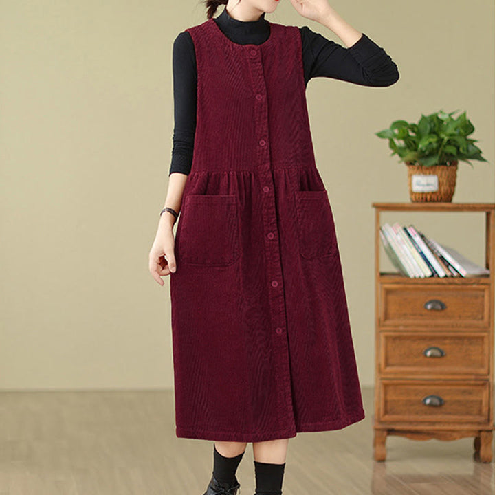 Buddha Stones Fall Retro Buttons Design Corduroy Sleeveless Midi Dress With Pockets - image 21