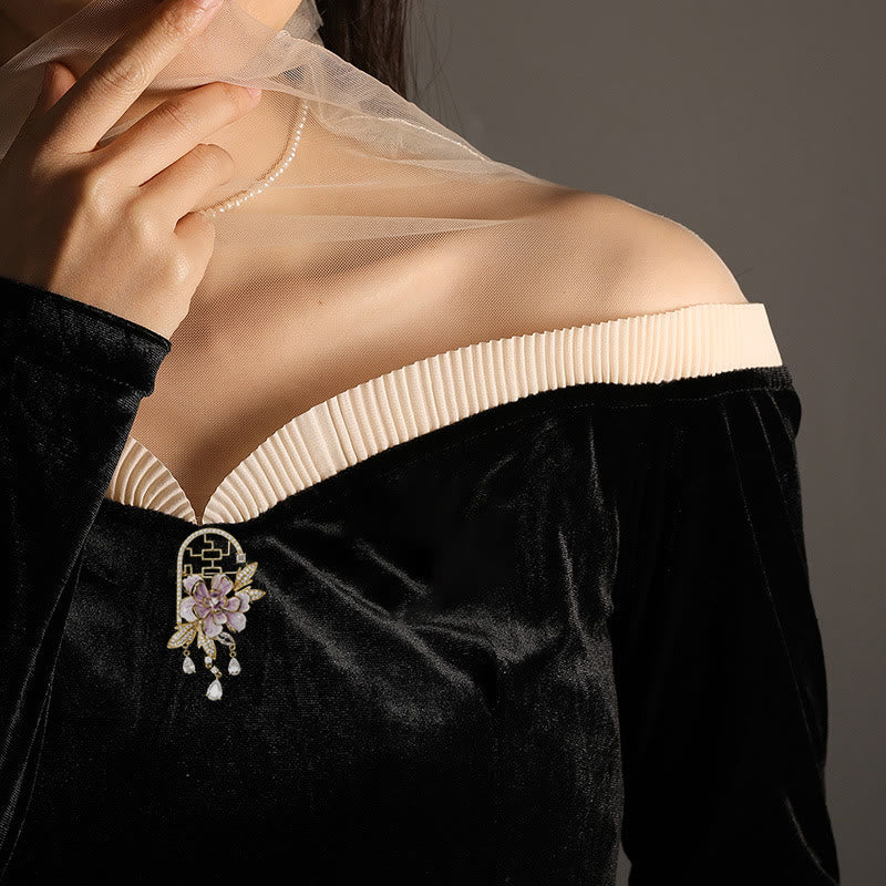 Buddha Stones Chinese-style Window Purple Peony Flower Tassel Copper Brooch - image 3