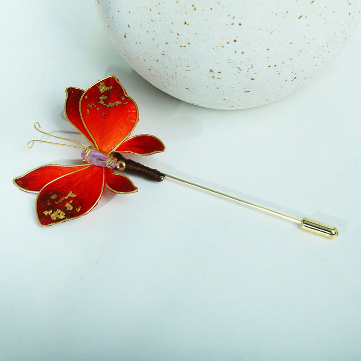 Buddha Stones Handcrafted Silk Art Velvet Flower Red Butterfly Brooch - image 1