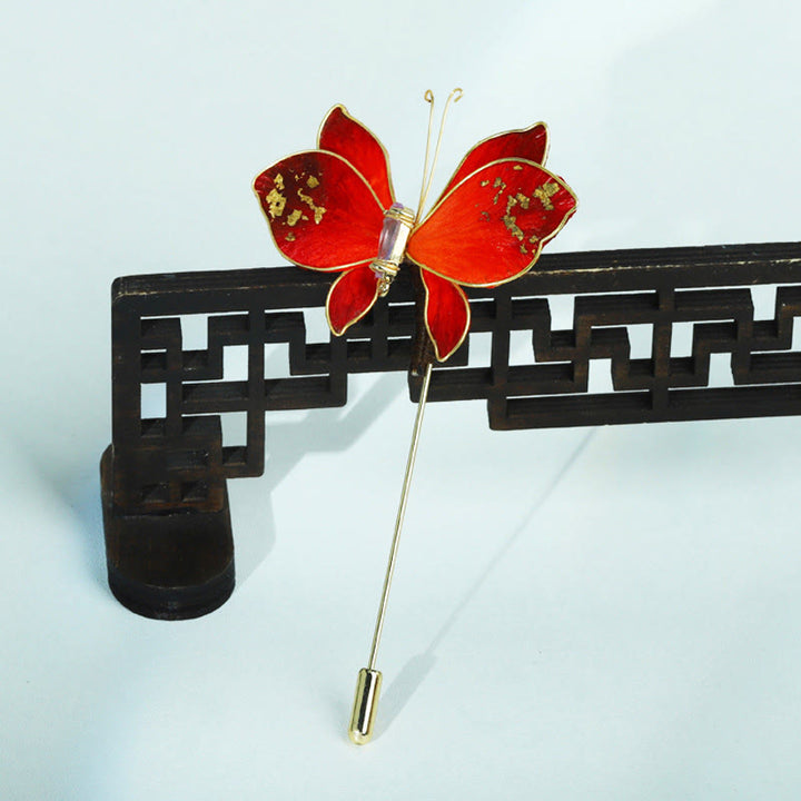 Buddha Stones Handcrafted Silk Art Velvet Flower Red Butterfly Brooch - image 5