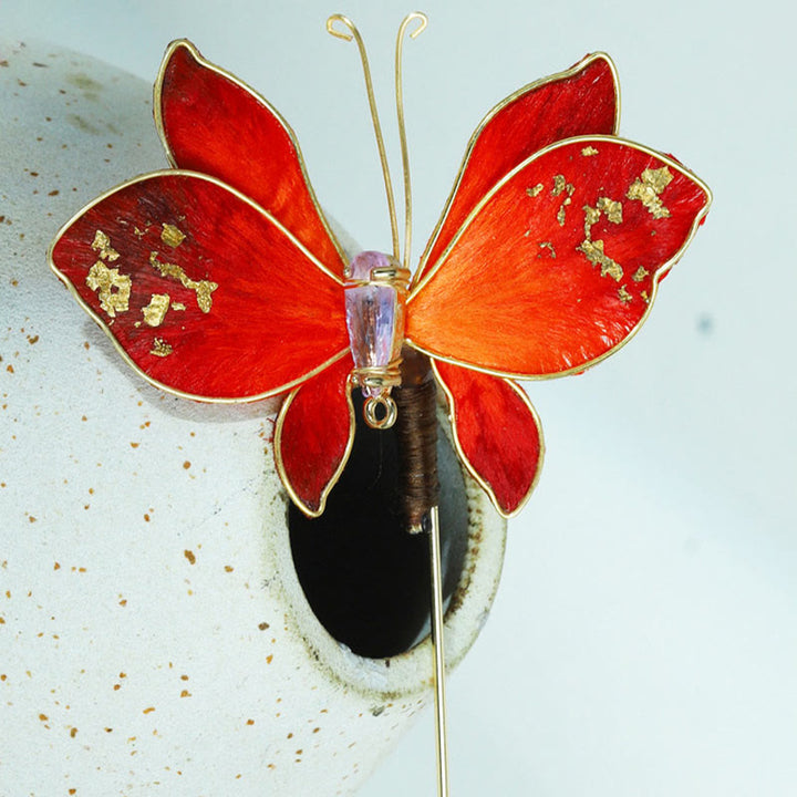 Buddha Stones Handcrafted Silk Art Velvet Flower Red Butterfly Brooch - image 11