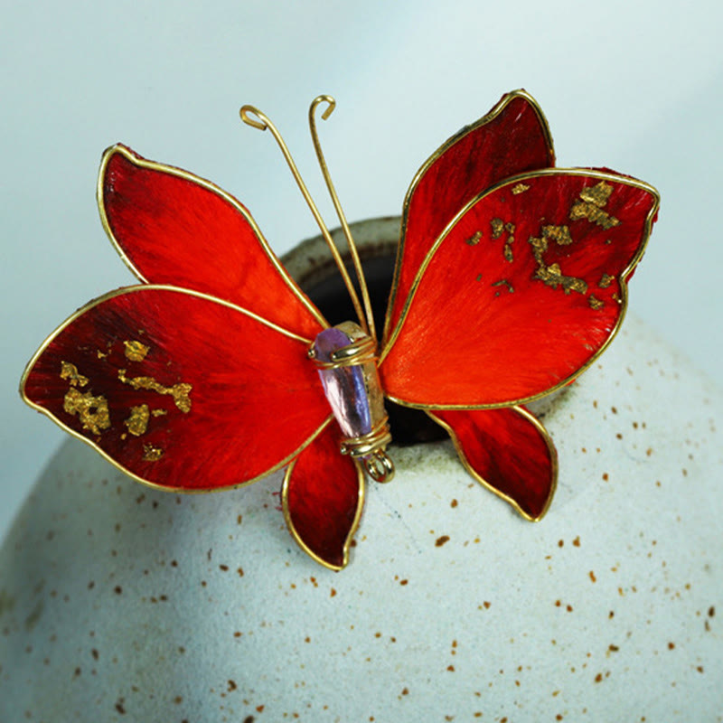 Buddha Stones Handcrafted Silk Art Velvet Flower Red Butterfly Brooch - image 9