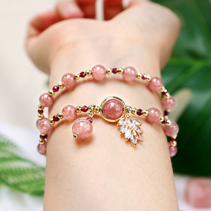 Natural Strawberry Quartz Love Healing Maple Leaf Charm Double Wrap Bracelet