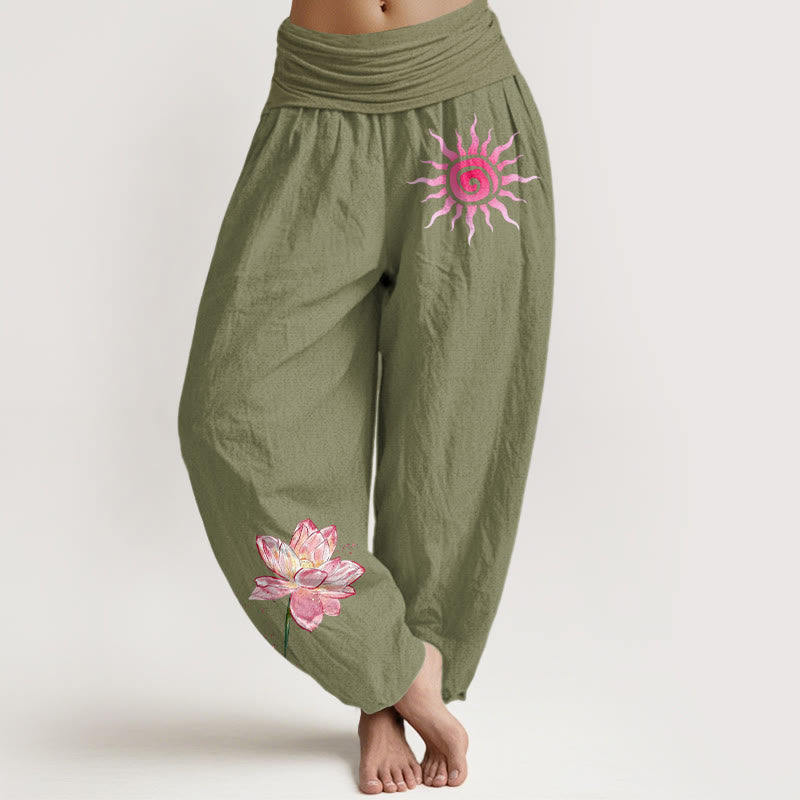 Buddha Stones Cotton Lotus Flower Sun Pattern Women's Elastic Waist Harem Pants - OliveDrab - US16，UK/AU20，EU48 (3XL) - image 14