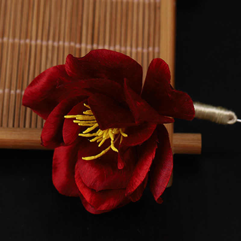 Buddha Stones Cultural Heritage Handcrafted Silk Art Red Camellia Blessing Sincerity Brooch - image 11