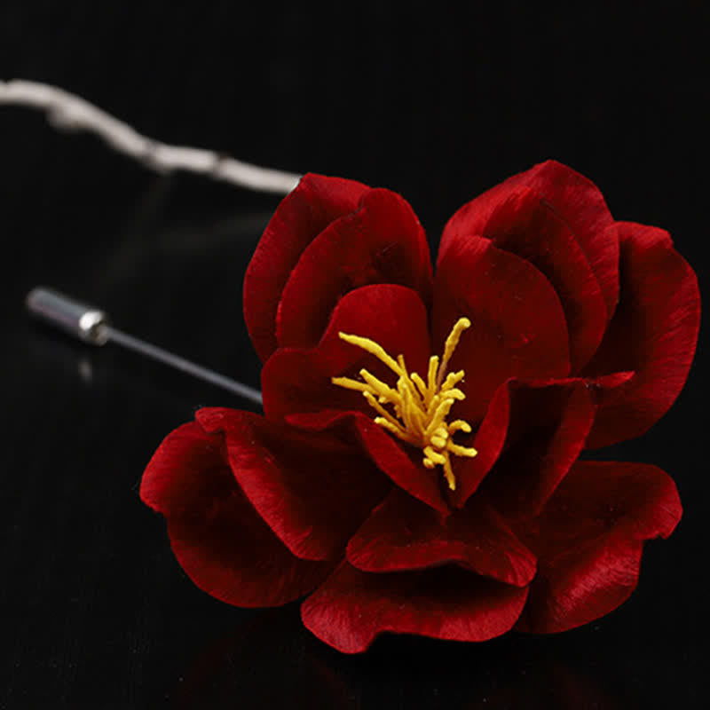 Buddha Stones Cultural Heritage Handcrafted Silk Art Red Camellia Blessing Sincerity Brooch - image 10