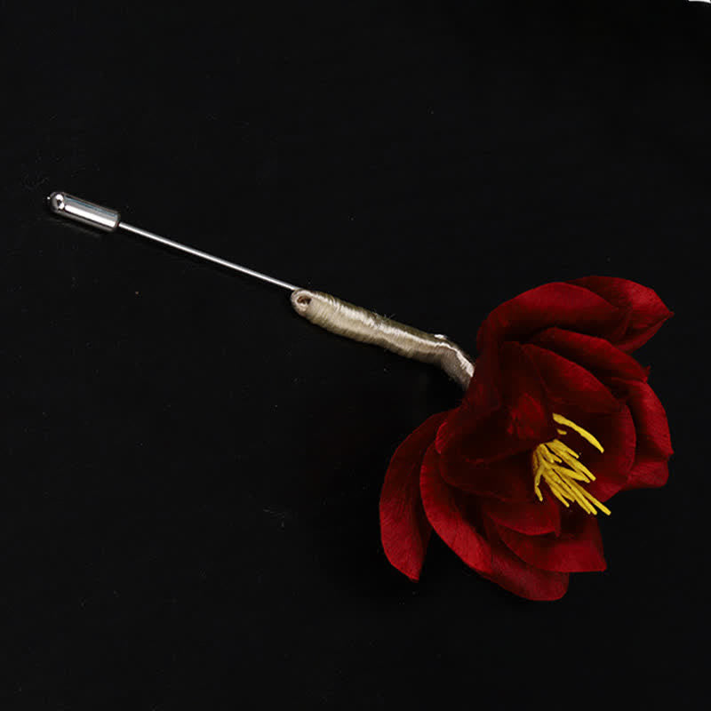 Buddha Stones Cultural Heritage Handcrafted Silk Art Red Camellia Blessing Sincerity Brooch - image 1