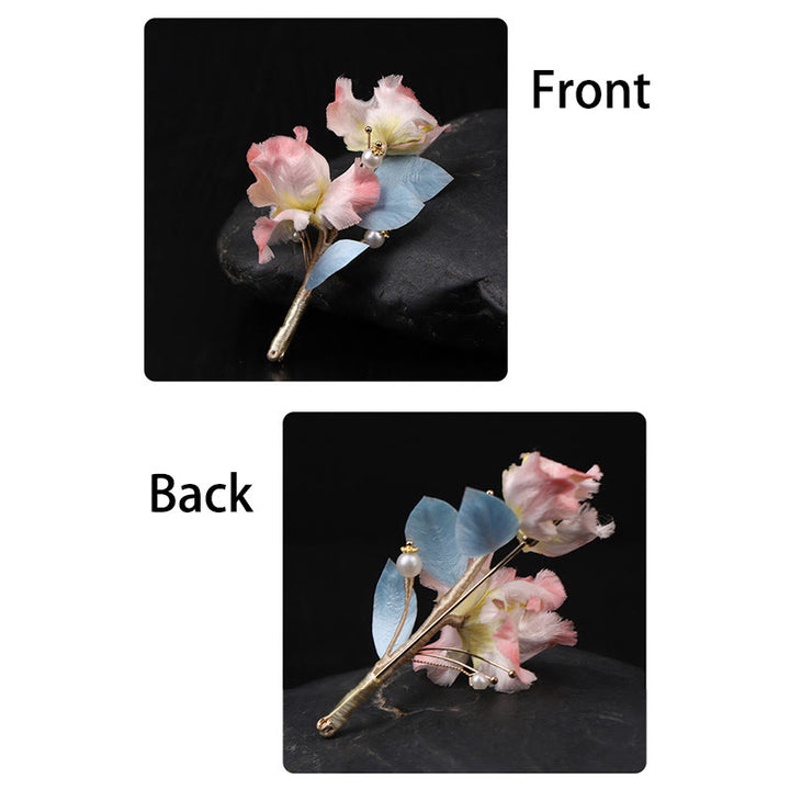 Buddha Stones Handcrafted Silk Art Pink Iris Flower Protection Brooch - image 9