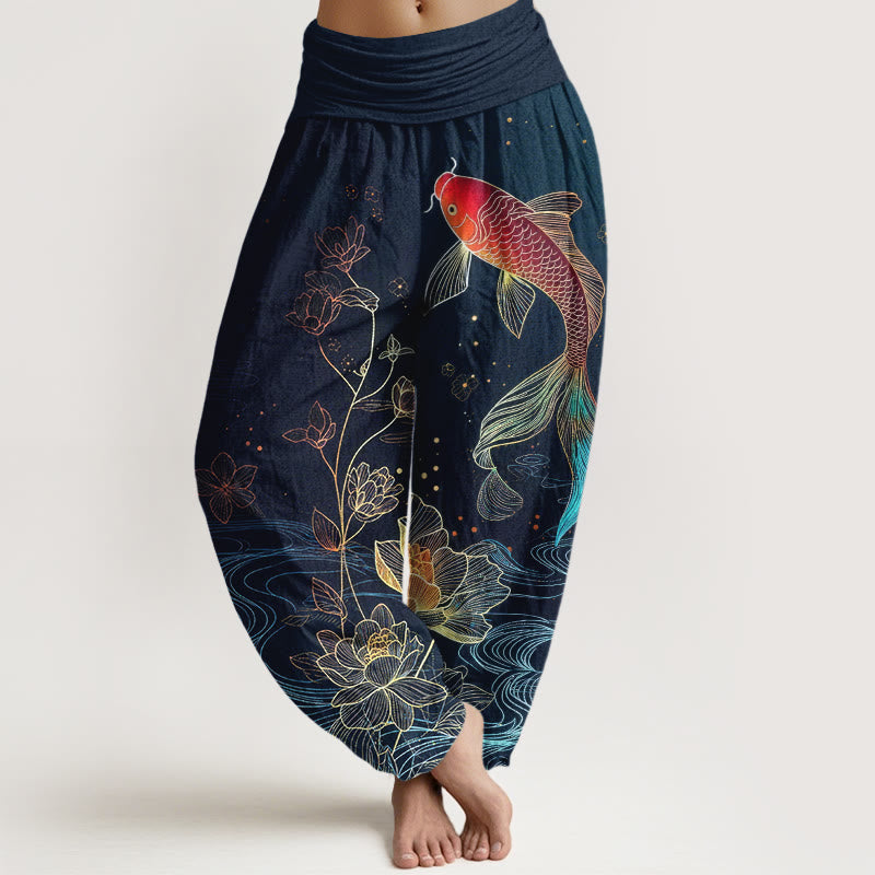 Buddha Stones Lotus Koi Fish Pattern Women's Elastic Waist Pure Cotton Harem Pants - Navy - US16，UK/AU20，EU48 (3XL) - image 0