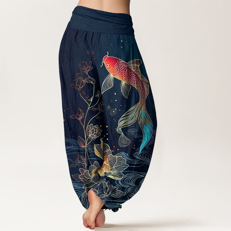 Buddha Stones Lotus Koi Fish Pattern Women's Elastic Waist Pure Cotton Harem Pants - image 1