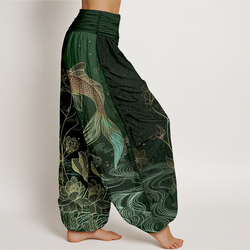 Buddha Stones Lotus Koi Fish Pattern Women's Elastic Waist Pure Cotton Harem Pants - image 7