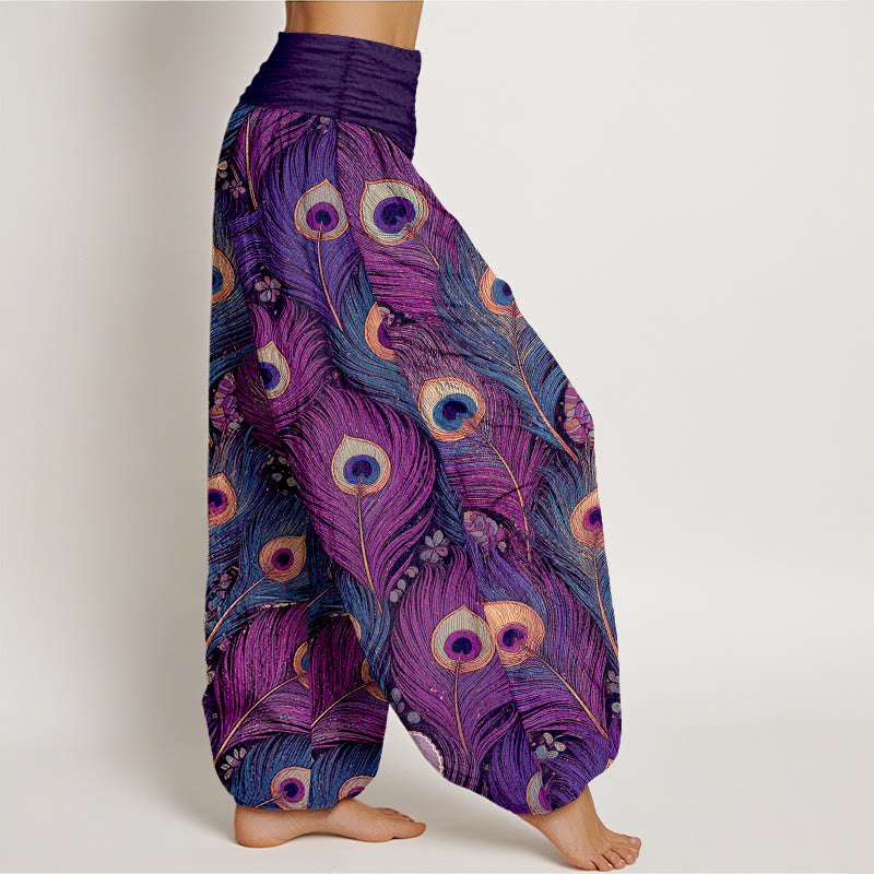 Buddha Stones Peacock Feathers Pattern Pure Cotton Women's Elastic Waist Harem Pants - image 2