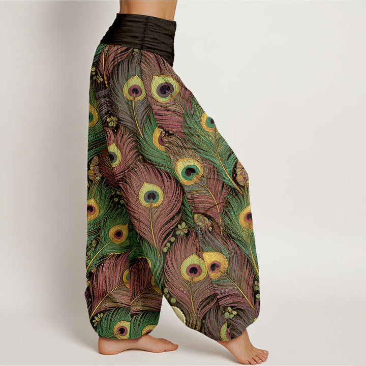 Buddha Stones Peacock Feathers Pattern Pure Cotton Women's Elastic Waist Harem Pants - image 7