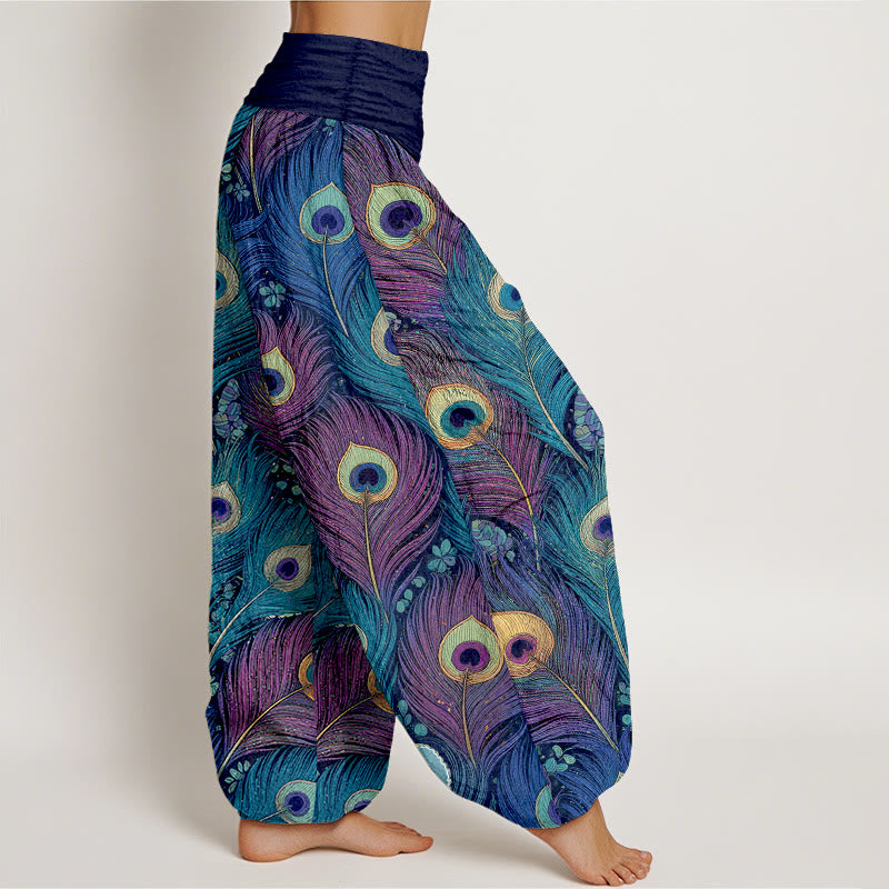 Buddha Stones Peacock Feathers Pattern Pure Cotton Women's Elastic Waist Harem Pants - image 10