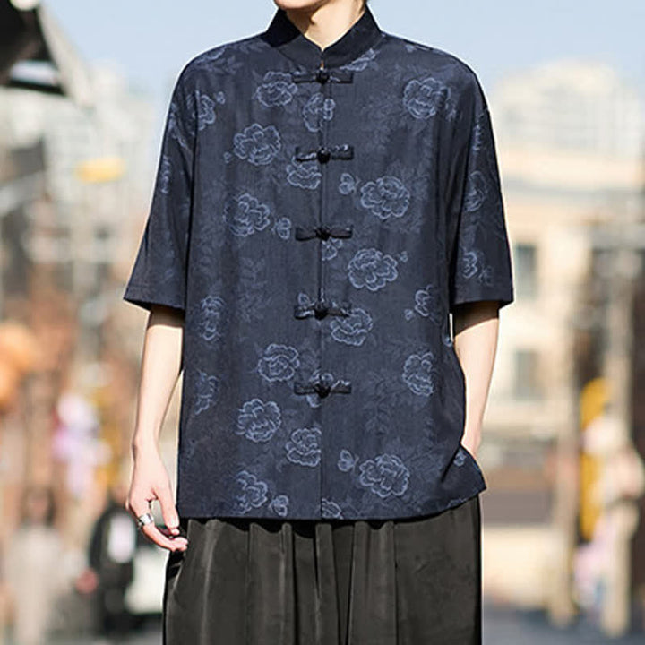 Buddha Stones Retro Frog Buttons Mandarin Collar Floral Jacquard Men's Short Sleeve Shirt - image 11