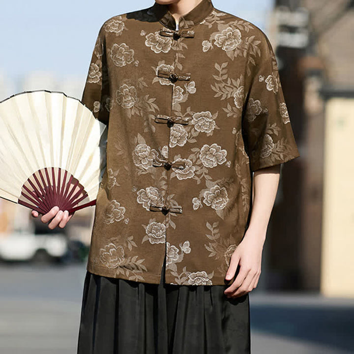 Buddha Stones Retro Frog Buttons Mandarin Collar Floral Jacquard Men's Short Sleeve Shirt - image 4
