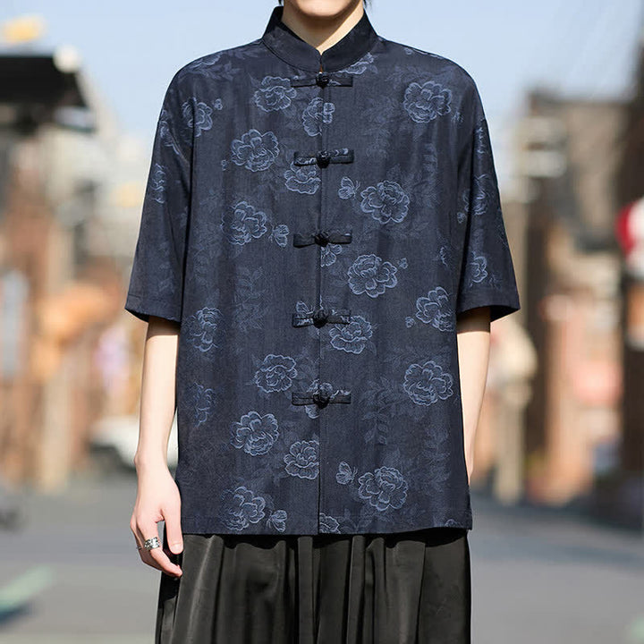 Buddha Stones Retro Frog Buttons Mandarin Collar Floral Jacquard Men's Short Sleeve Shirt - MidnightBlue - US/UK/AU46，EU56 (5XL) - image 10