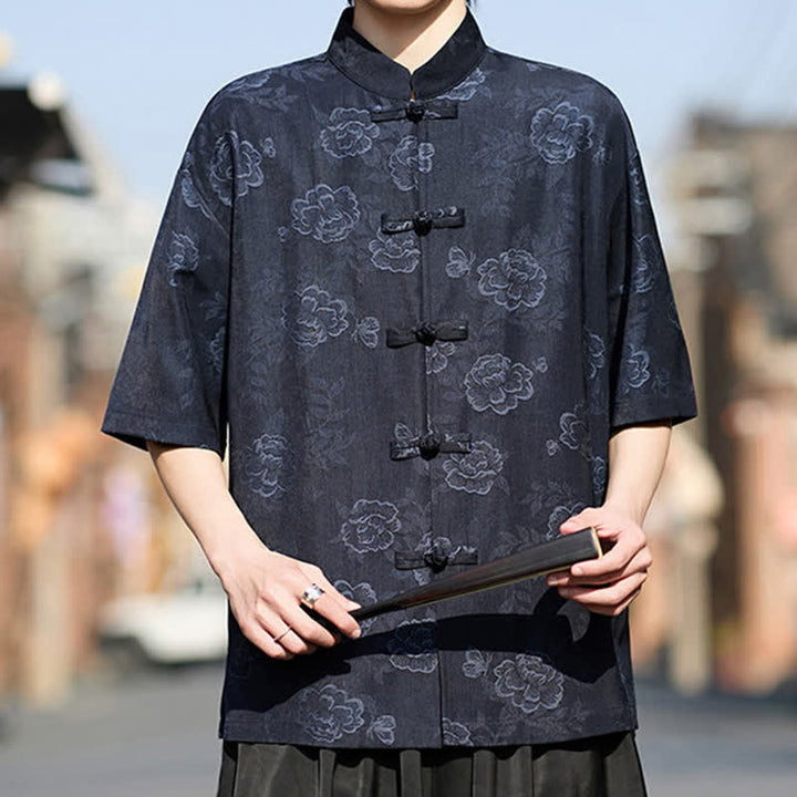 Buddha Stones Retro Frog Buttons Mandarin Collar Floral Jacquard Men's Short Sleeve Shirt - image 14