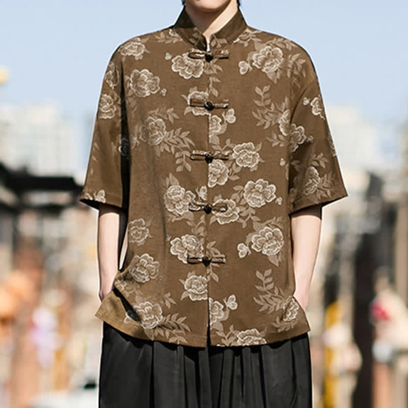 Buddha Stones Retro Frog Buttons Mandarin Collar Floral Jacquard Men's Short Sleeve Shirt - image 5