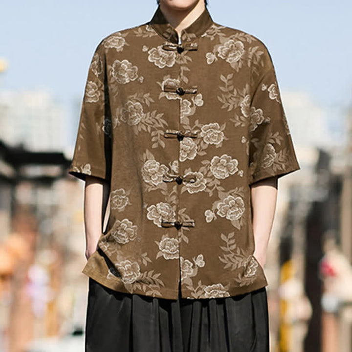 Buddha Stones Retro Frog Buttons Mandarin Collar Floral Jacquard Men's Short Sleeve Shirt - image 5