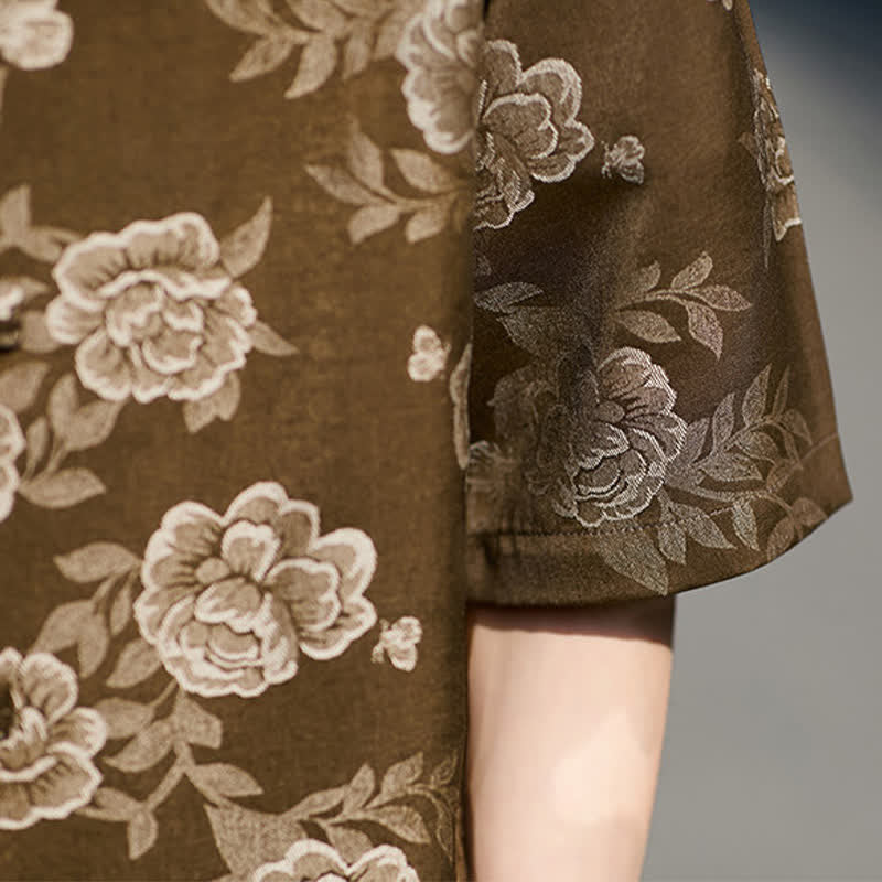 Buddha Stones Retro Frog Buttons Mandarin Collar Floral Jacquard Men's Short Sleeve Shirt - image 9