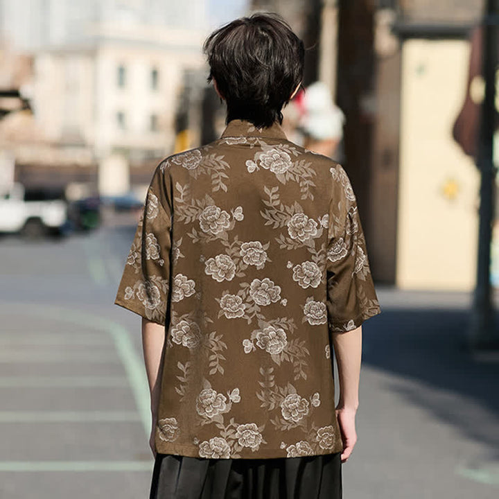 Buddha Stones Retro Frog Buttons Mandarin Collar Floral Jacquard Men's Short Sleeve Shirt - image 6