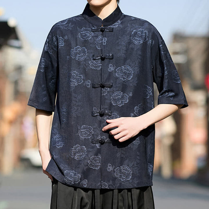Buddha Stones Retro Frog Buttons Mandarin Collar Floral Jacquard Men's Short Sleeve Shirt - image 12