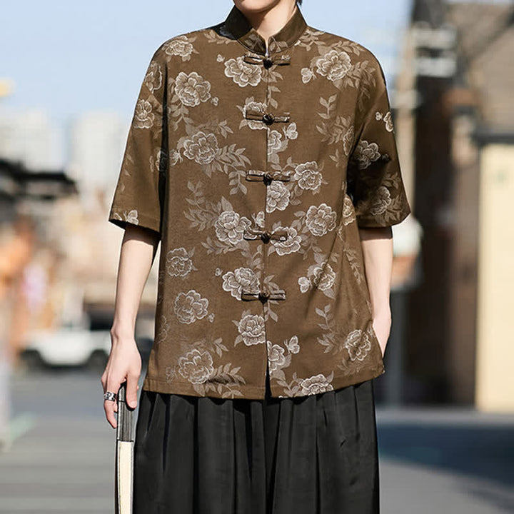 Buddha Stones Retro Frog Buttons Mandarin Collar Floral Jacquard Men's Short Sleeve Shirt - image 3