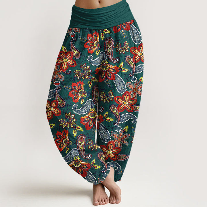 Buddha Stones Women's Elastic Waist Paisley Floral Pattern Pure Cotton Harem Pants - Teal - US16，UK/AU20，EU48 (3XL) - image 0