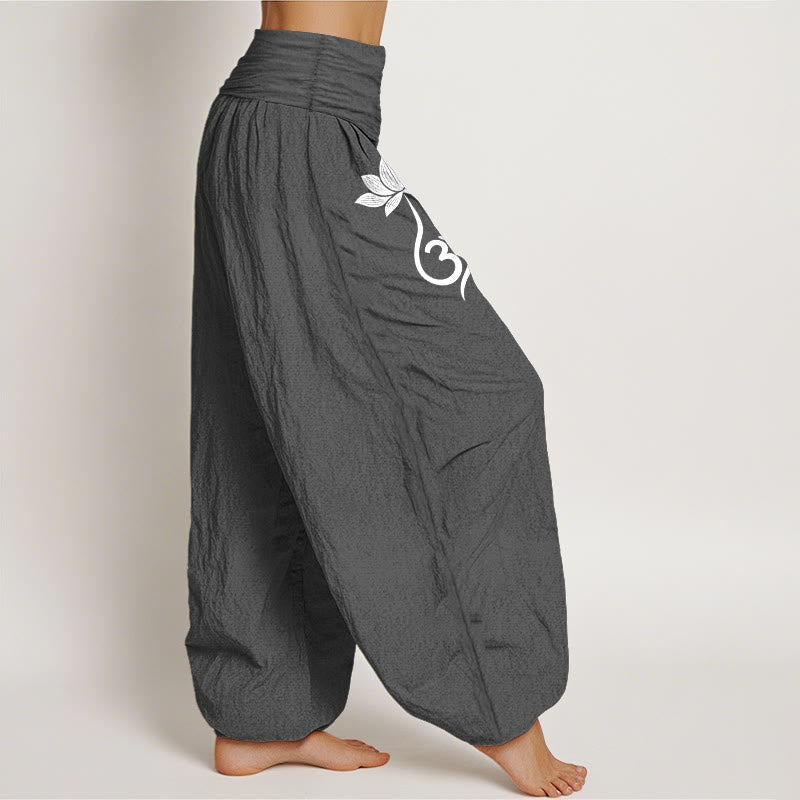 Buddha Stones Cotton Lotus Flower Om Pattern Women's Elastic Waist Harem Pants - image 1