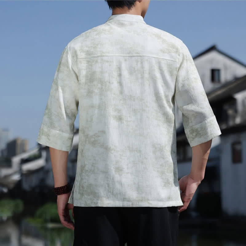 Buddha Stones Frog-Button Mottled Pattern Embroidery Short Sleeve Tang Suit Men's Linen Shirt - image 1