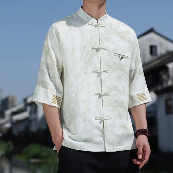 Buddha Stones Frog-Button Mottled Pattern Embroidery Short Sleeve Tang Suit Men's Linen Shirt - image 3
