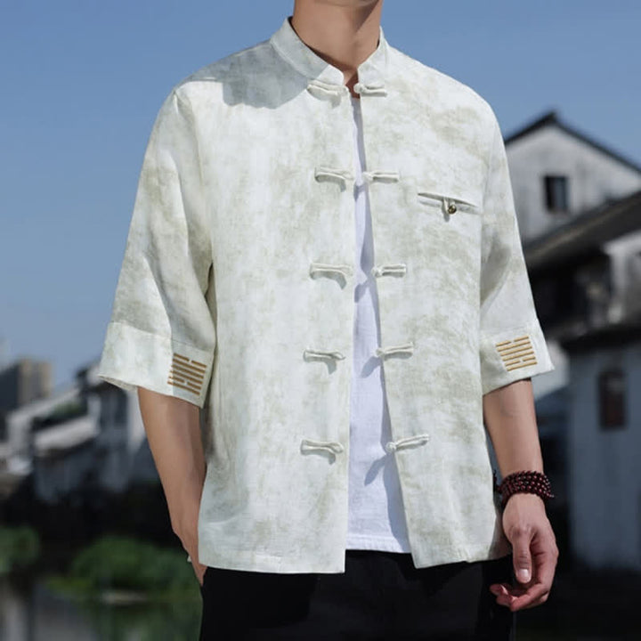 Buddha Stones Frog-Button Mottled Pattern Embroidery Short Sleeve Tang Suit Men's Linen Shirt - image 4