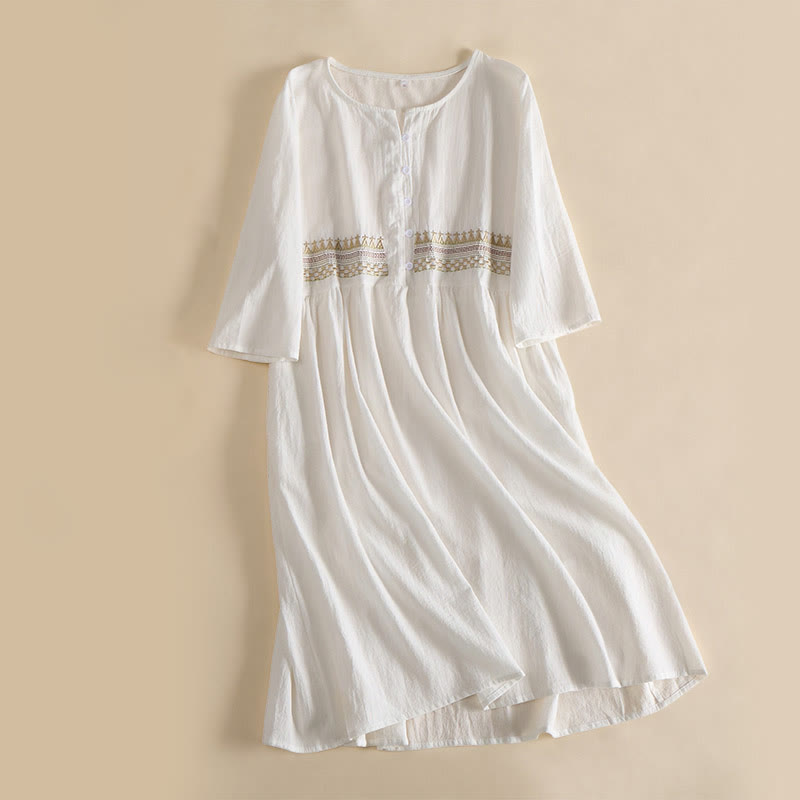 Buddha Stones Embroidery Geometry Half Sleeve Women's Midi Dress With Pockets - White - US14，UK/AU18，EU46 (4XL) - image 0