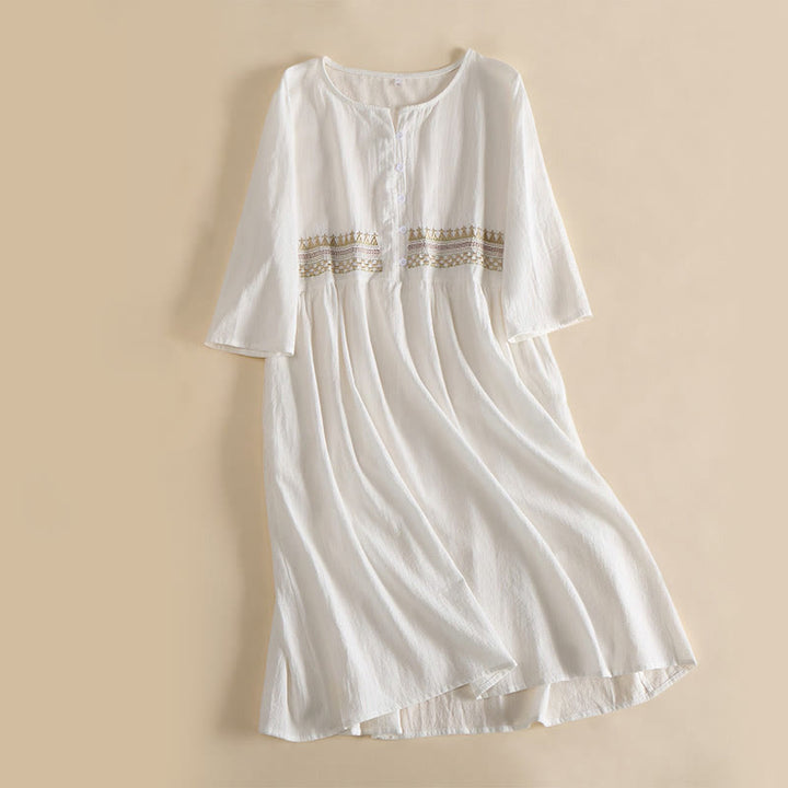 Buddha Stones Embroidery Geometry Half Sleeve Women's Midi Dress With Pockets - White - US14，UK/AU18，EU46 (4XL) - image 0