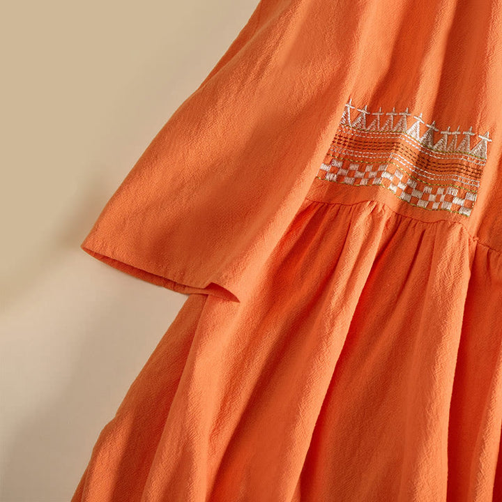 Buddha Stones Embroidery Geometry Half Sleeve Women's Midi Dress With Pockets - image 12