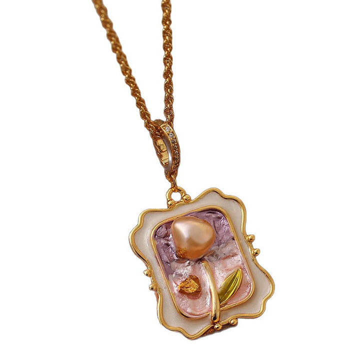 Buddha Stones Flower Oil Painting Pearl Copper Healing Necklace Pendant - image 5