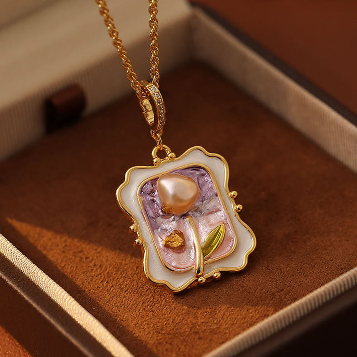 Buddha Stones Flower Oil Painting Pearl Copper Healing Necklace Pendant - Flower Oil Painting(Pendant Size: 2.7*2.2cm) - image 0